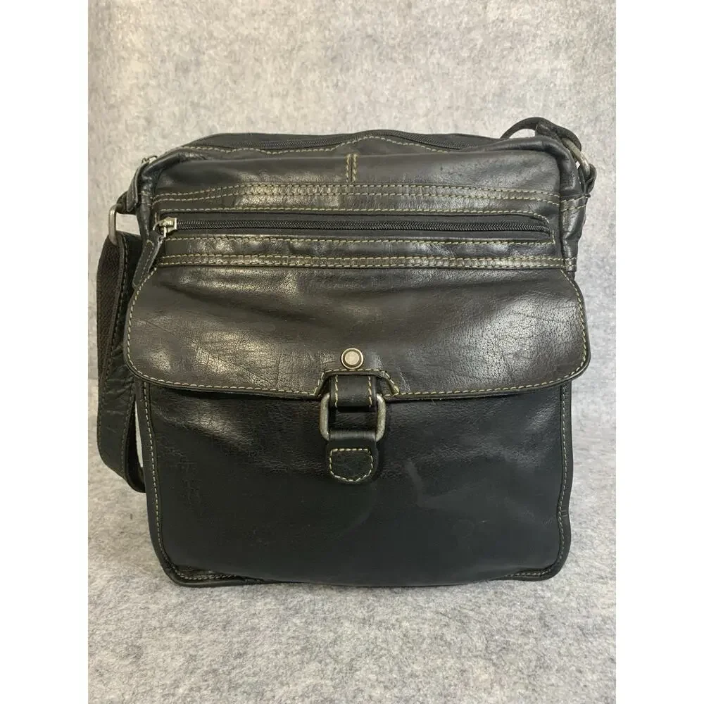 Jack Georges Voyager Crossbody Bag Black Leather Flap Zip Pockets Mens 7205